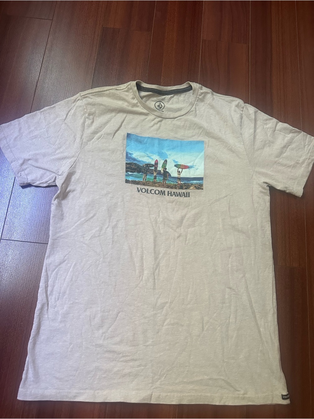 Volcom Cream Short Sleeve T-Shirt with Blue Hawaii Surf Graphic